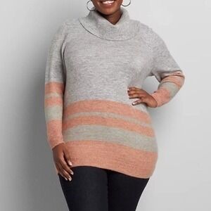 NWT Lane Bryant Grey Coral Striped Cowl Neck Sweater Plus Size 26/28